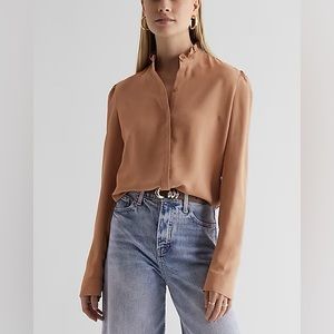 Limited edition! Express Ruffle Neck Relaxed Portofino Shirt, brown, Small